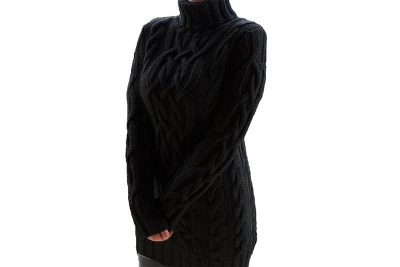 Women's Chunky Cable Knit Jumper Dress - 100% Polyester, Roll Neck, UK 6-12, Classic Mini Style
