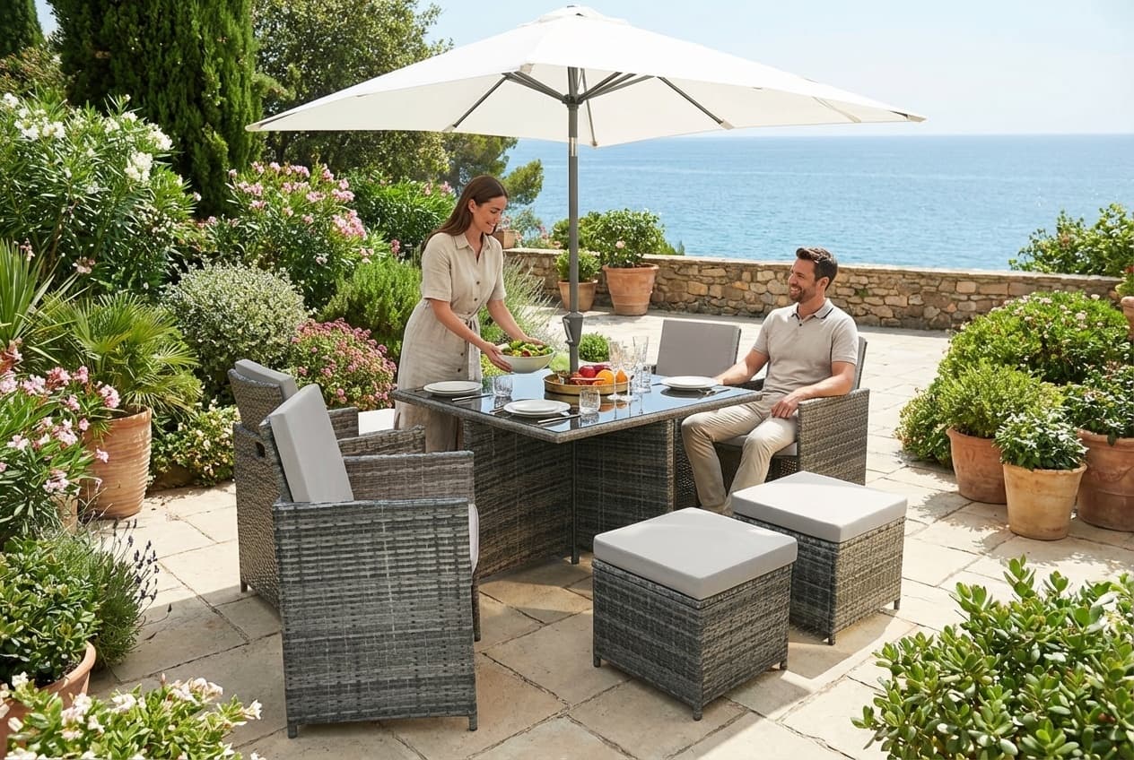 8-Seater Rattan Weather-Resistant Garden Dining Set With Parasol Hole