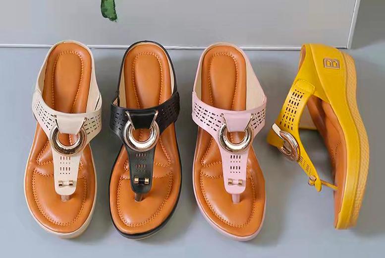 Women's Boho PU Leather Open Toe Wedge Sandals - Breathable Summer Slip-On Footwear