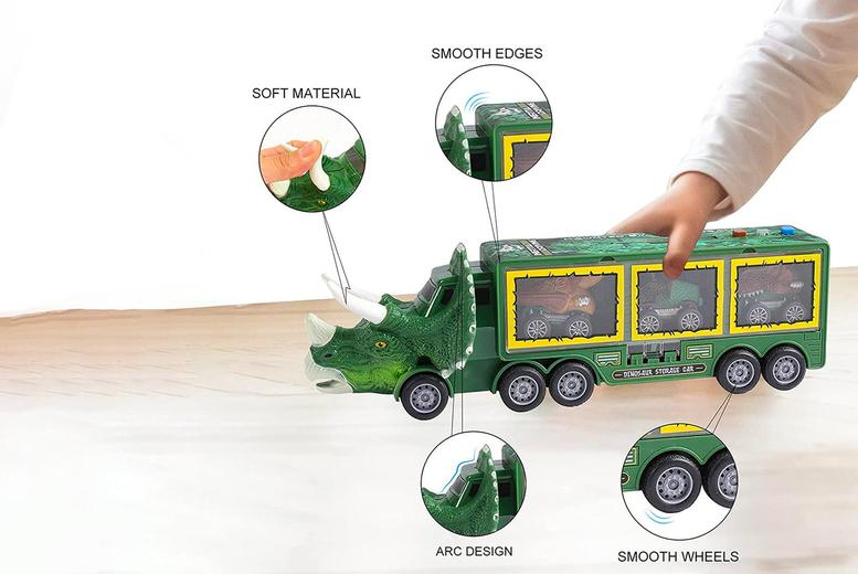 14-Piece Dinosaur Transporter Truck Toy- Green, Blue, Brown!