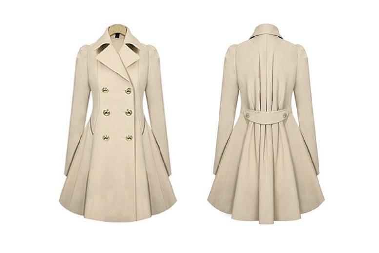 Women's Longline Pleated Double-Breasted Coat - 100% Polyester, Classic Fit, 5 Sizes, 3 Colours