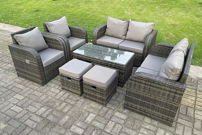 8-Seater Dark Grey Rattan Garden Dining Set With Reclining Sun Loungers