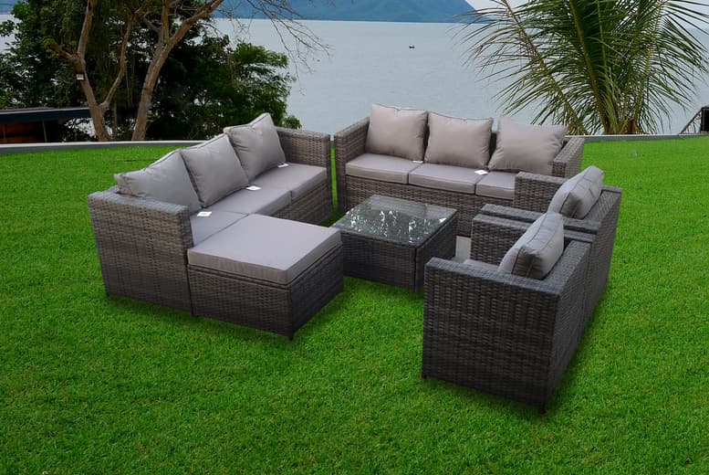9-Seater Rattan Garden Dining Set - Weather-Resistant, Modern, Mixed Grey