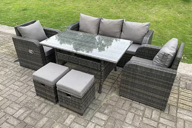 7-Seater Weather-Resistant Pe Rattan Dining Set With Reclining Sun Lounger