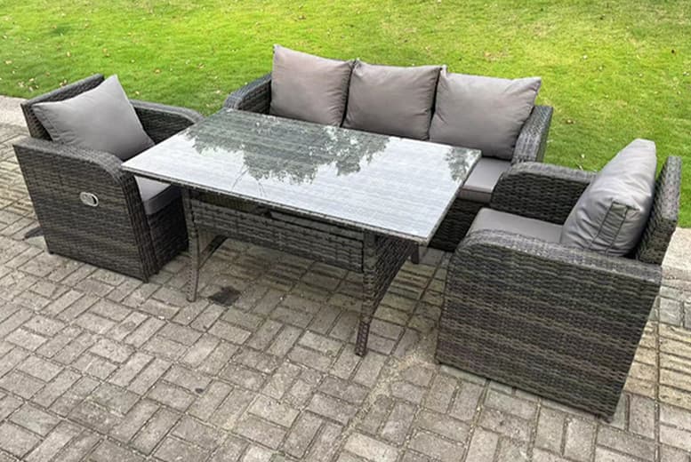 5-Seater Dark Grey Rattan Garden Dining Set With Reclining Chairs - Weather-Resistant Outdoor Furniture