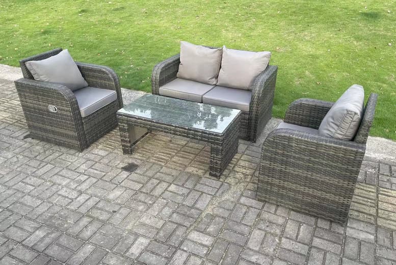 Dark Grey Weather-Resistant Rattan 4-Seater Garden Dining Set With Reclining Sun Loungers