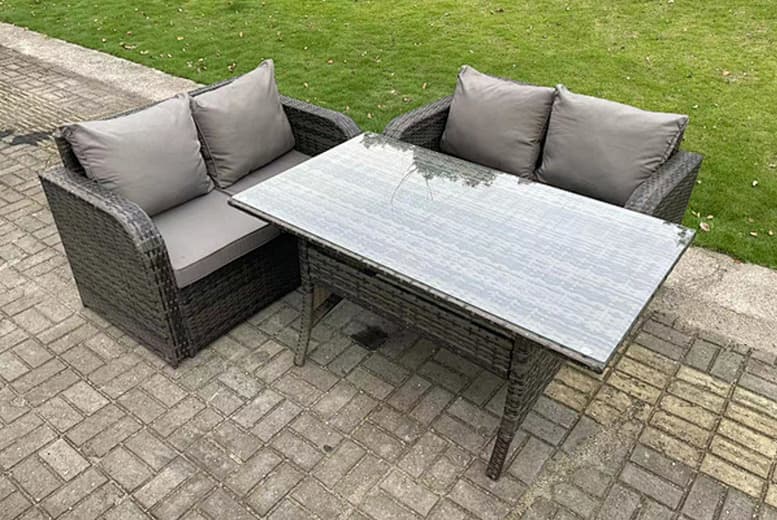 4 Seater Dark Grey Rattan Garden Dining Set With Cushions - Weatherproof, Modern Outdoor Furniture