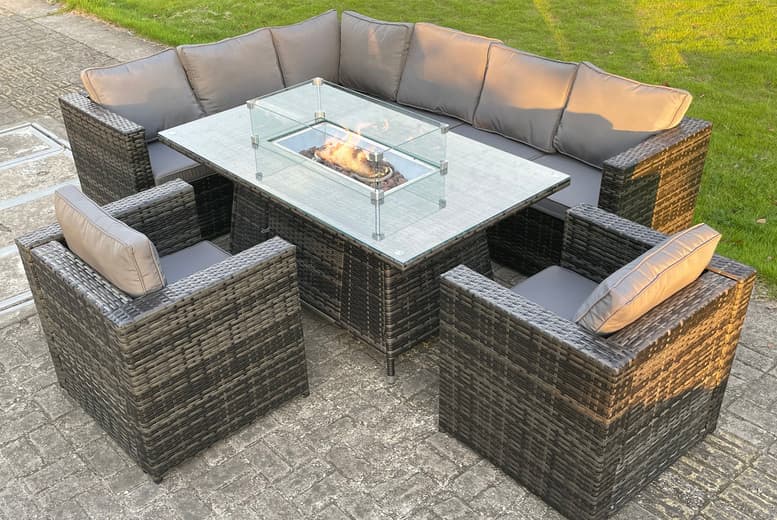 8 Seater Weatherproof Rattan Dining Set With Fire Pit Table