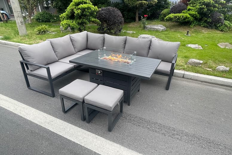 Aluminium 8-Seater Corner Sofa Fire Pit Set - Modern Outdoor Garden Lounge