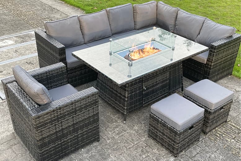 9-Seater Rattan Garden Furniture Set With Fire Pit Table - Weather-Resistant Outdoor Lounging