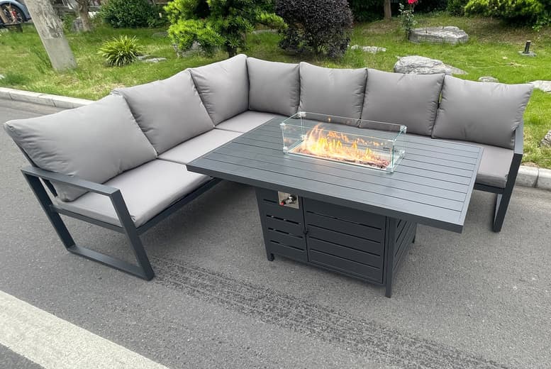 6-Seater Aluminium Garden Firepit Set - Weather-Resistant, Modern Outdoor Lounge