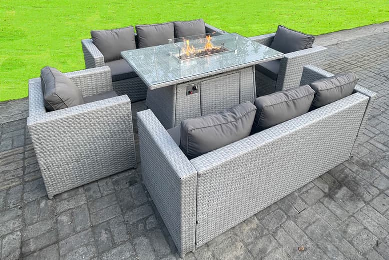 8 Seater Rattan Dining Set With Fire Pit - Weather-Resistant Comfort