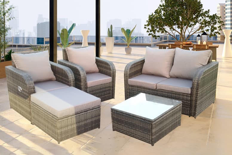Grey Rattan Garden Furniture Set - Weather-Resistant Reclining Sofa Set