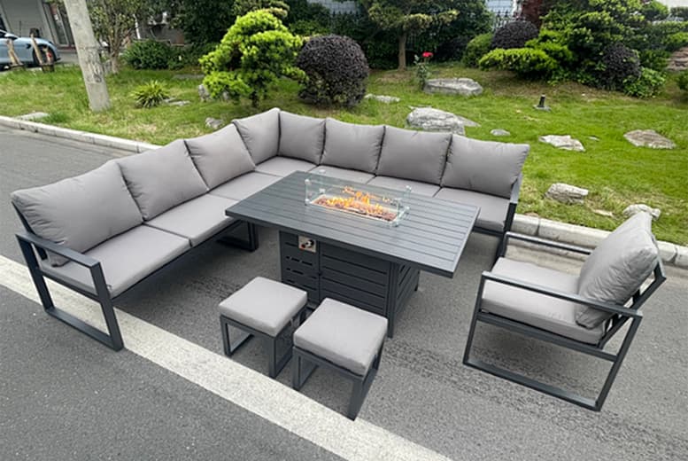 10-Seater Aluminium Outdoor Dining Set With Gas Fire Pit Table