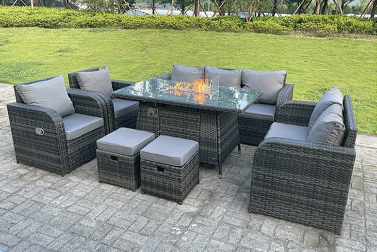 9 Seater Dark Grey Rattan Dining Set With Fire Pit Table