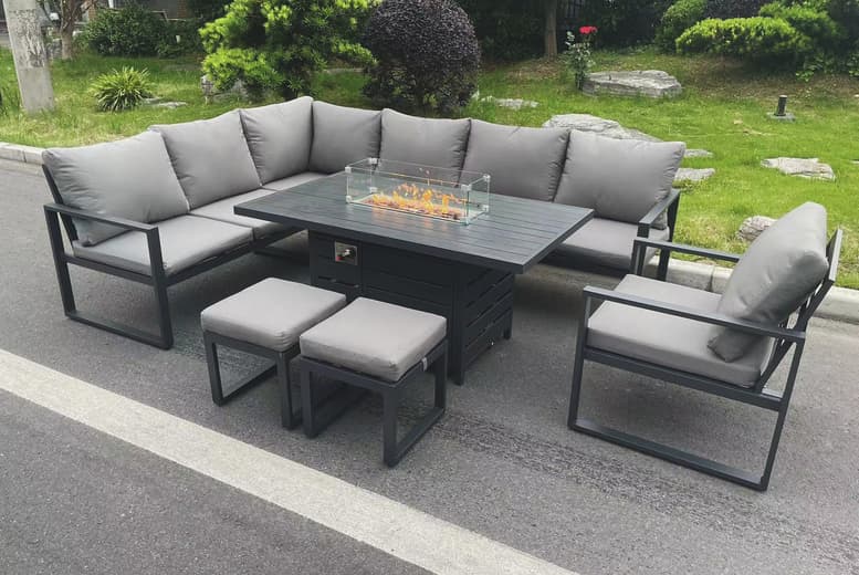 Modern Aluminium 10-Seater Outdoor Patio Dining Set With Fire Pit - Dark Grey