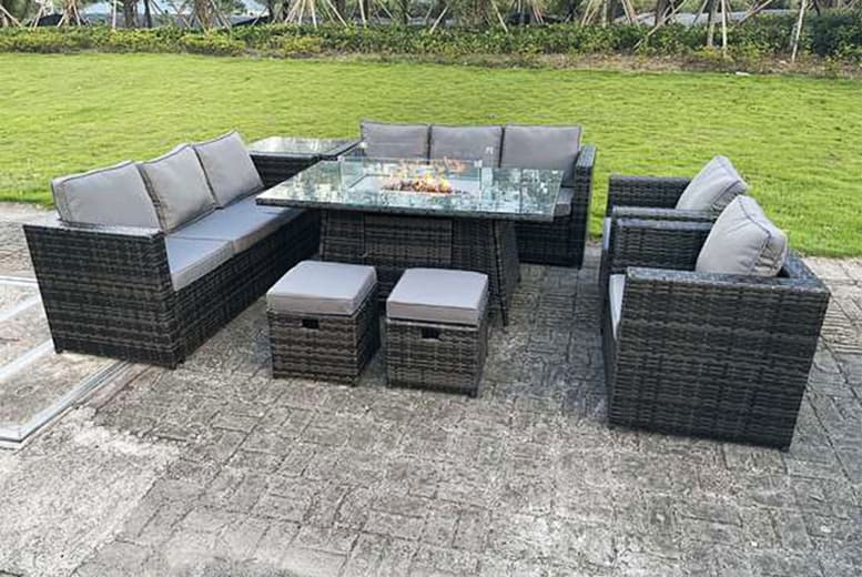 10-Seater Weather-Resistant Poly Rattan Garden Dining Set With Firepit - Modern Outdoor Lounge