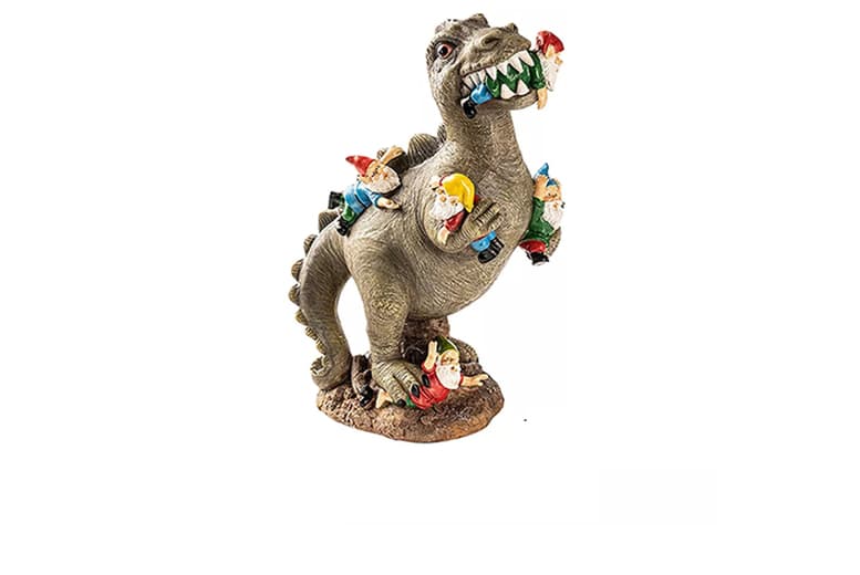 Garden Ornament: Dinosaur Eating Gnome Decor - Outdoor Resin Sculpture