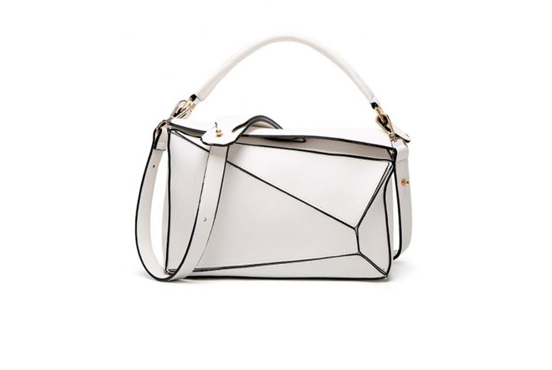 Vegan Leather Geometric Puzzle Satchel - Convertible Handbag & Shoulder Bag, Spacious, Modern Design
