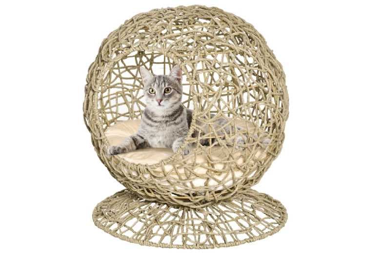 Price Drop! Elevated Wicker Cat Bed With Tripod Base & Plush Cushion - Modern Rattan Lounger For Cats