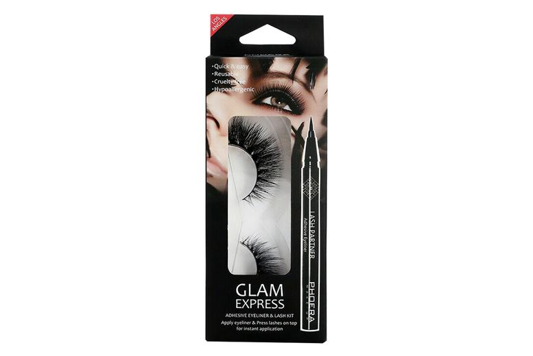 Phoera Glam Express Liquid Adhesive Eyeliner & Lash Kit - Smudge-Proof, Hypoallergenic, Reusable Lashes