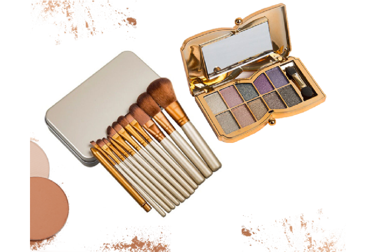 Glamza 12Pc Professional Makeup Brush Set & 10-Colour Eyeshadow Palette - Powder & Glitter, Complete Face & Eye Kit