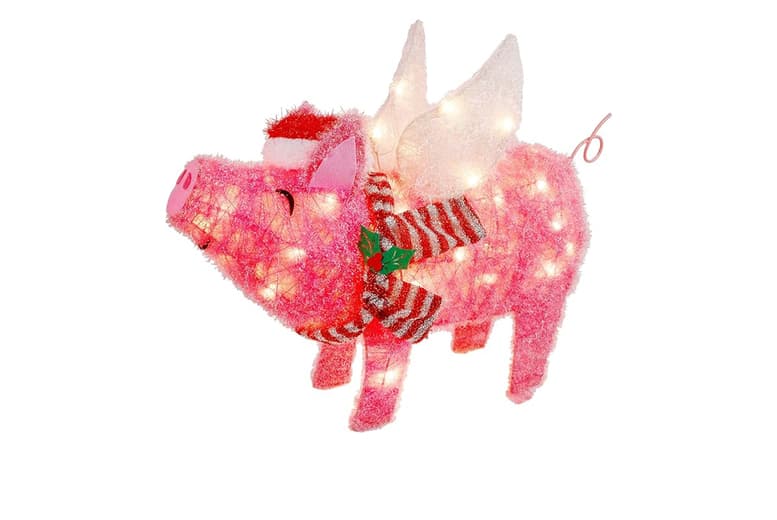 Led Light-Up Flying Pig Christmas Lawn Ornament - Weatherproof Festive Decor, Small Or Large