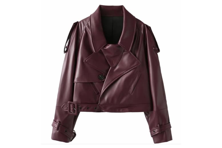 Women's Longline Cropped Coat - Oversized Fit, 100% Polyester, Wide Collar, Stylish Buckle Details (S-XL, Red Wine/Black)