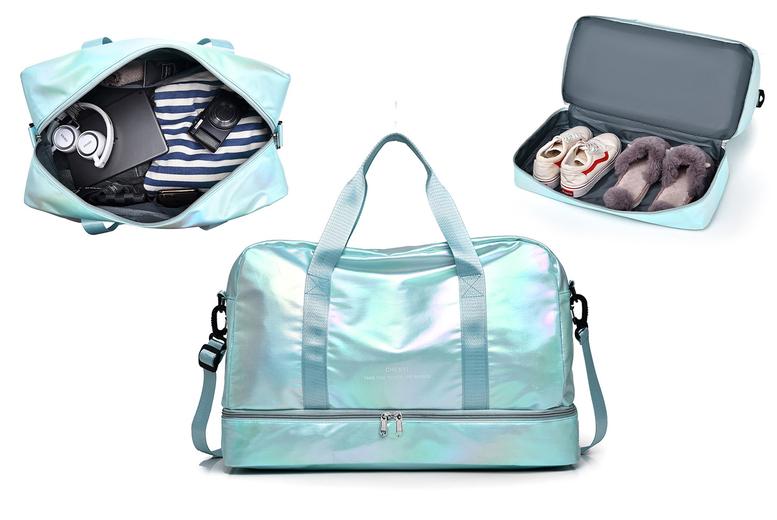 Waterproof Holographic Gym Duffel Bag - Polyester, Large Capacity, Shoe Compartment, 6 Colours