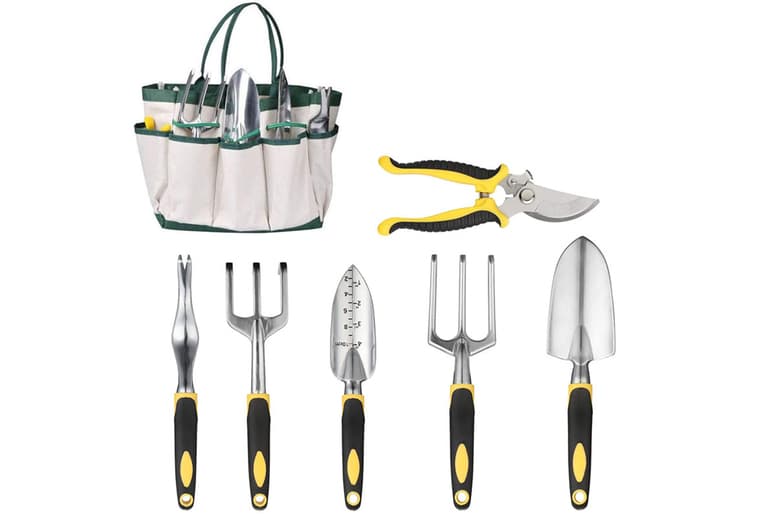 11-Piece Ergonomic Gardening Tool Set - Aluminium-Magnesium Alloy, Pruning Shears, Trowel, Hand Rake & Folding Stool