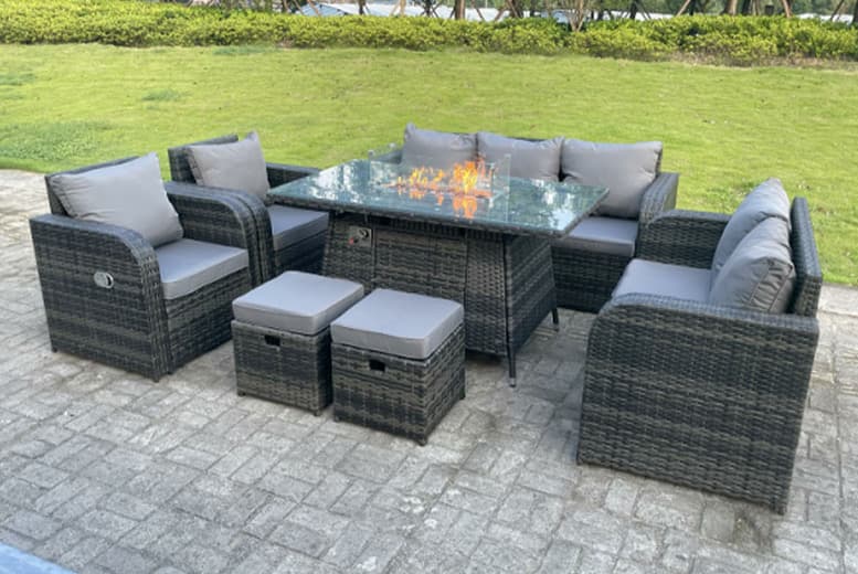 9-Seater Weatherproof Pu Rattan Dining Set With Fire Pit & Reclining Chairs