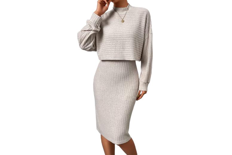 Women's 2-Piece Ribbed Top and Dress Set - 4 Sizes in Apricot