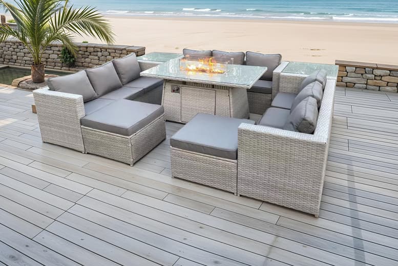 11-Seater Rattan Outdoor Dining Set With Firepit Table