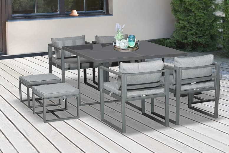 Price Drop! 9Pc Aluminium Garden Dining Set - Grey, Cushioned, Space-Saving