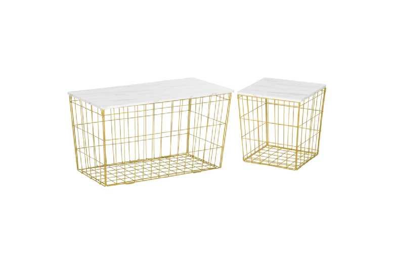 Set Of 2 Contemporary Wire Frame Side Tables With Storage - Marble-Effect Tops, Steel, Modern Living Room Accent