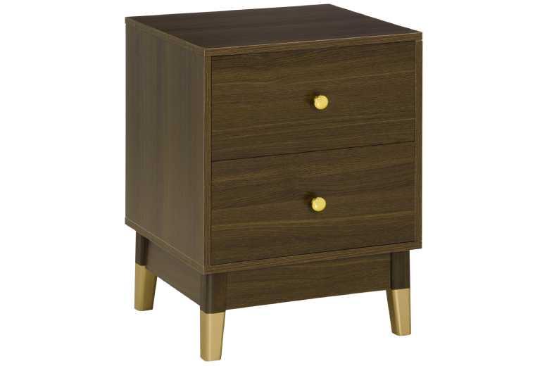 Wooden Bedside Storage Table With 2 Drawers - Classic Brown & Gold, Space-Saving Nightstand