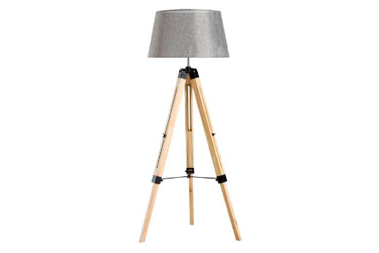 Modern Tripod Floor Lamp - Adjustable Wood Stand, Grey Linen Shade, E27 Bulb