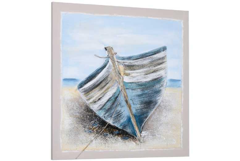 Hand-Painted Blue Boat Canvas Wall Art - Textured Modern Nautical Decor, 90 X 90Cm