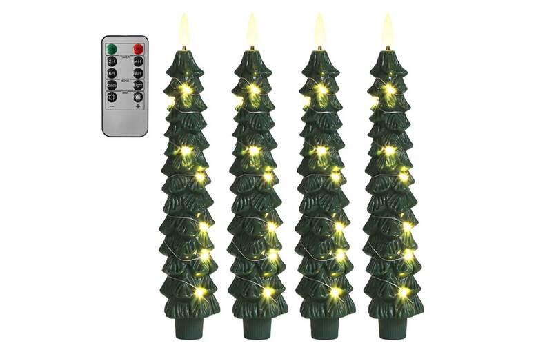 Set Of 4 Led Christmas Tree-Shaped Candles With Optional Remote - Flickering Lights & Clip-On Design