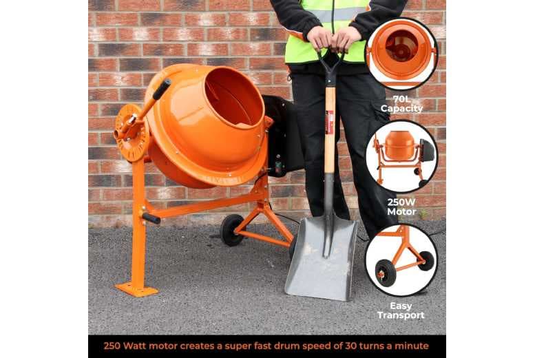 T-Mech Electric Cement Mixer, 70 Litre Drum - Portable Mains-Powered Concrete Mixer For Diy & Garden Projects
