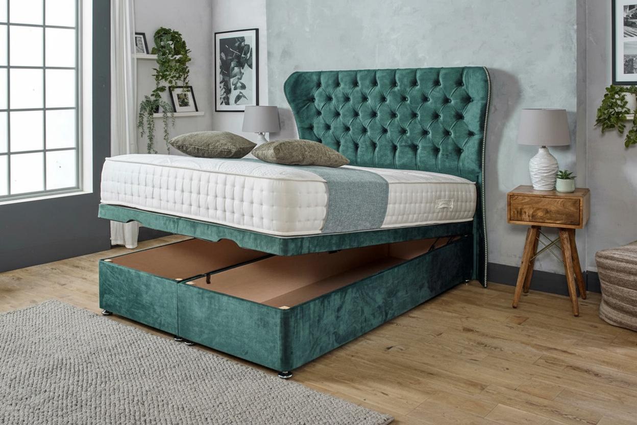 Green Ottoman Bed With Storage Base & Wingback Headboard - Premium Fabric, All Sizes
