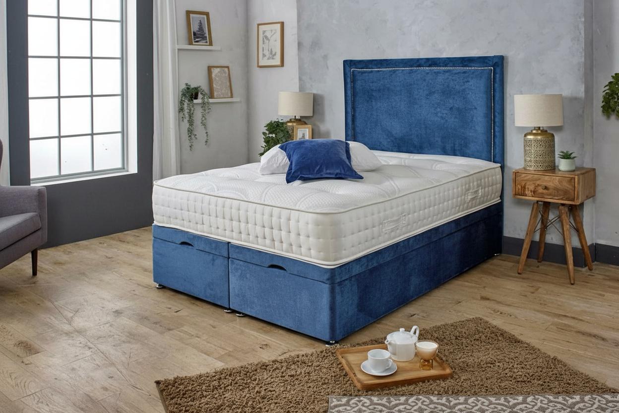 Blue Ottoman Bed, Premium Upholstery & Optional Memory Mattress - Headboard Included