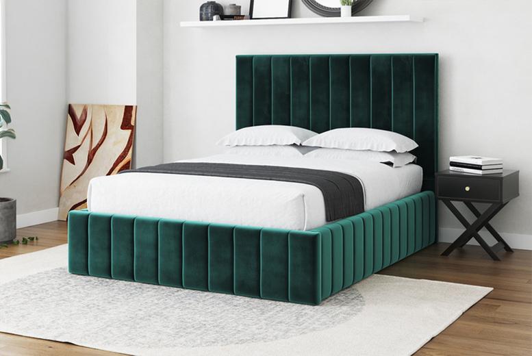 Green Plush Ottoman Storage Bed With Lift-Up Mechanism - Multiple Sizes