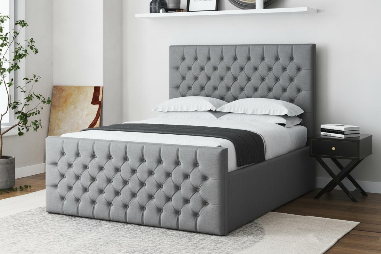 Grey Plush Ottoman Storage Bed With Lift-Up Mechanism - 5 Sizes