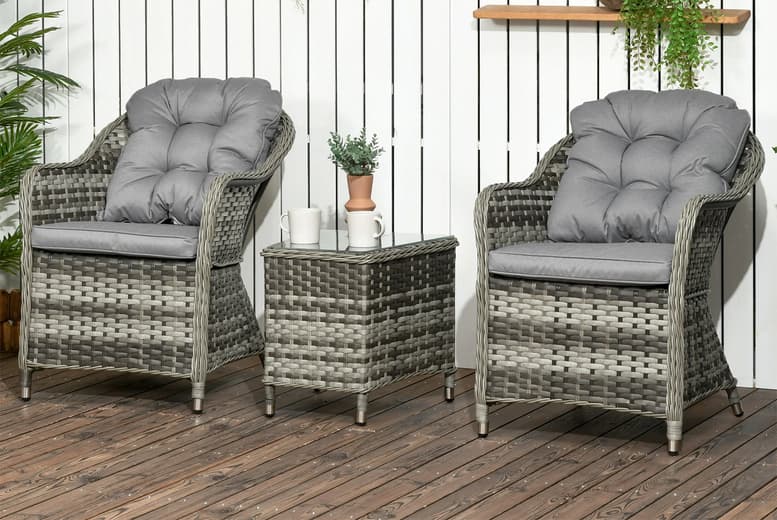 Contemporary 3-Piece Rattan Set With Cushions And Tempered Glass Tabletop