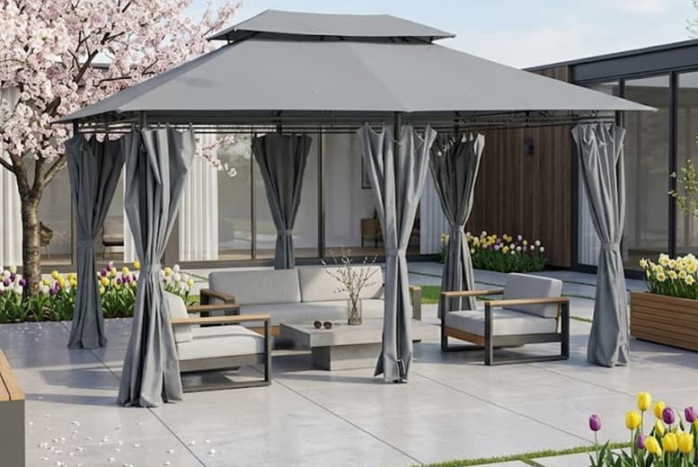 Spacious 10X13Ft 2-Tier Gazebo With Curtains And Steel Frame