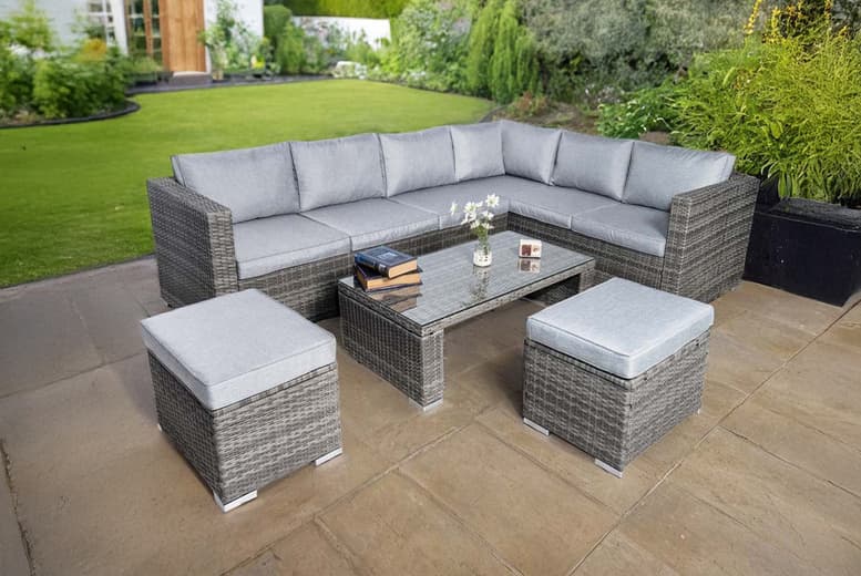 Early Bird! Vancouver Rattan 7 Seater Corner Set With Glass Coffee Table - Grey