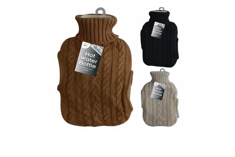 2 Litre Insulated Tableware Hot Water Bottle - Knitted Cover With Hand Pockets, 3 Colours