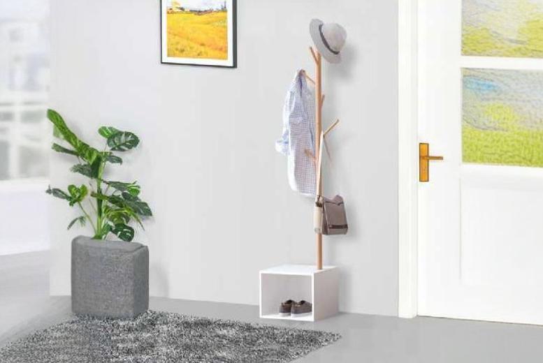 Contemporary Bamboo & Mdf Bedroom Storage Bench With Coat Rack - Space-Saving 71" Combo, High Weight Capacity, Slimline Design