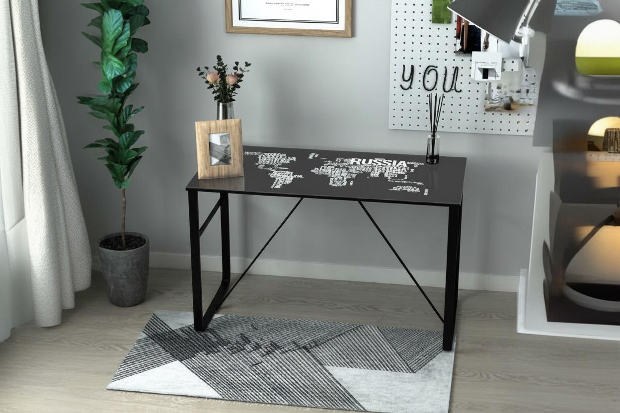 Contemporary Tempered Glass & Steel Study Desk - Modern Bedroom Workspace With World Map Design